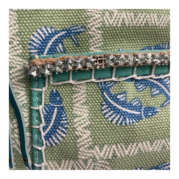 Sigrid Olsen Green tote with Blue fish pattern vintage. Canvas, Rhinestones - Picture 13 of 13
